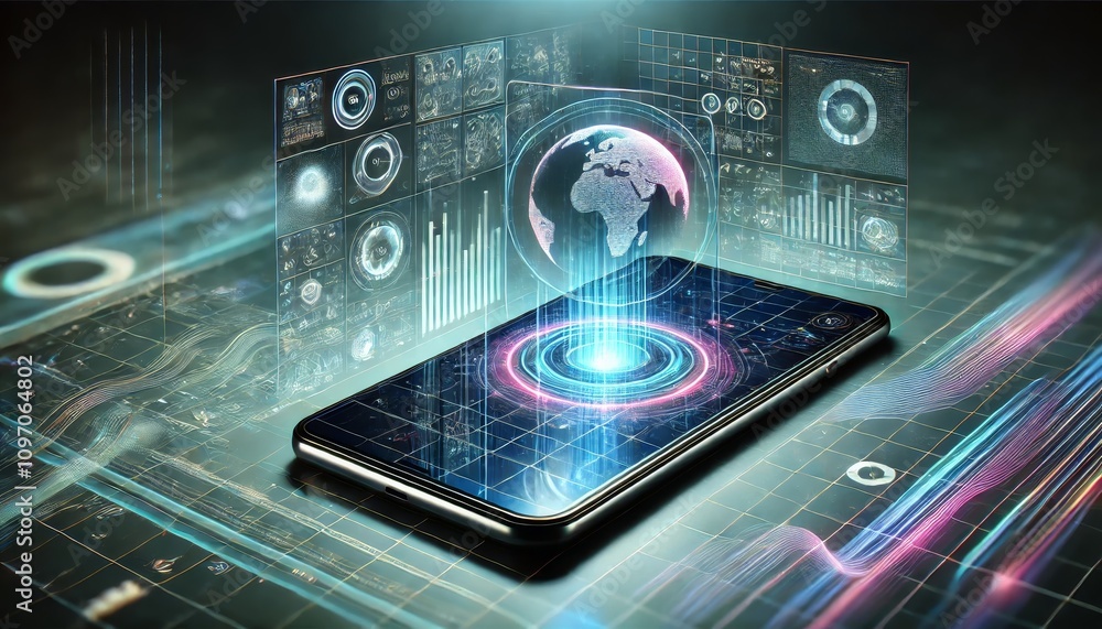 Futuristic smartphone with a holographic display. Futuristic smartphone with a holographic display.