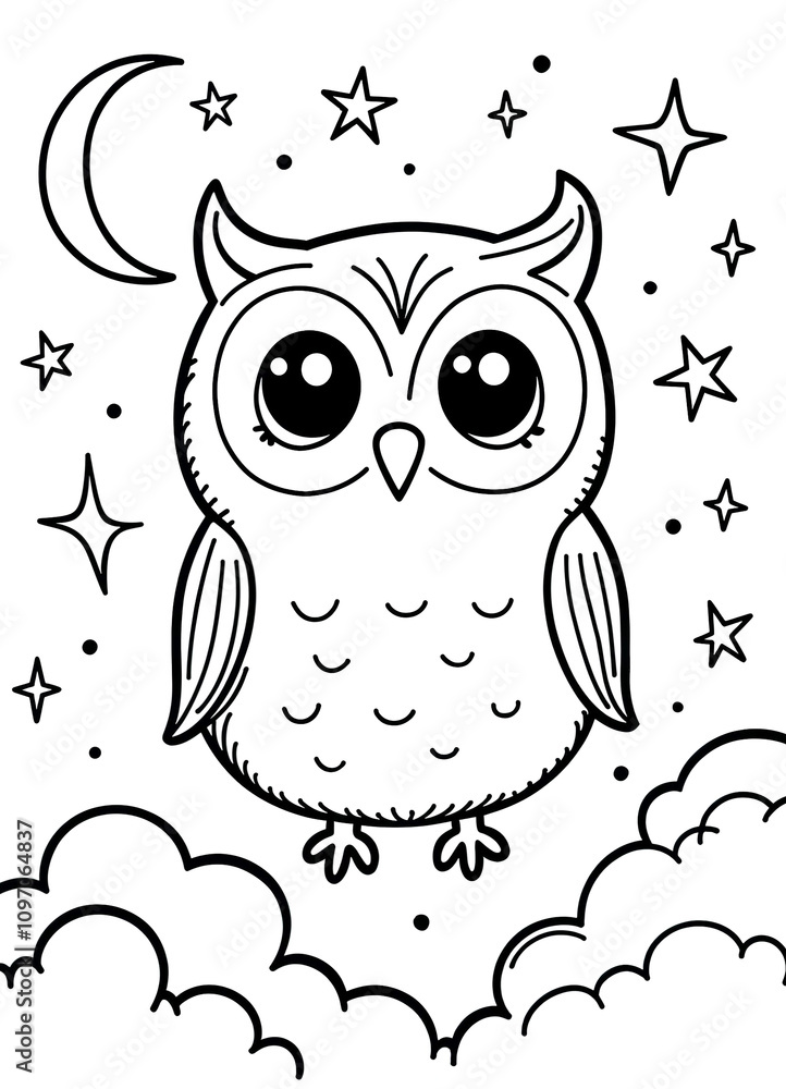 Fototapeta premium Kawaii Owl in the Night Sky Coloring Page