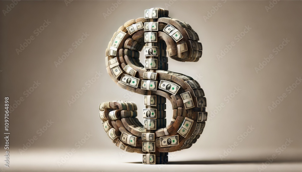 A creative artwork depicting a large dollar sign made entirely from stacks of real money bills. A creative artwork depicting a large dollar sign made entirely from stacks of real money bills.