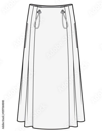 womens adjustable side pleated a line midi skirt flat sketch vector illustration technical cad drawing template