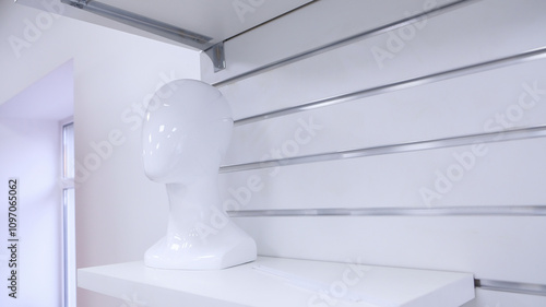 White acrylic mannequin head mounted on a white shelf. The mannequin is placed against the background of a panel with metal guides intended for installing commercial equipment.