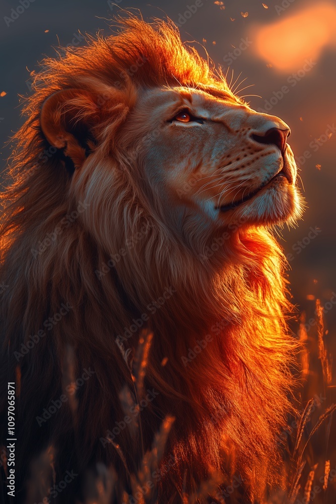 Naklejka premium close up of majestic expression of lion surrounded by savannah with orange sunset