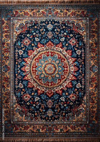 Persian rug with intricate circular medallion and vibrant colors