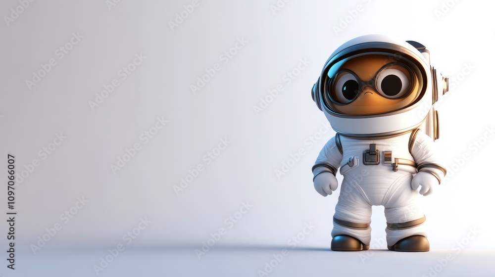 A cute cartoon character in a white astronaut suit, standing against a light background. A cute cartoon character in a white astronaut suit, standing against a light background.