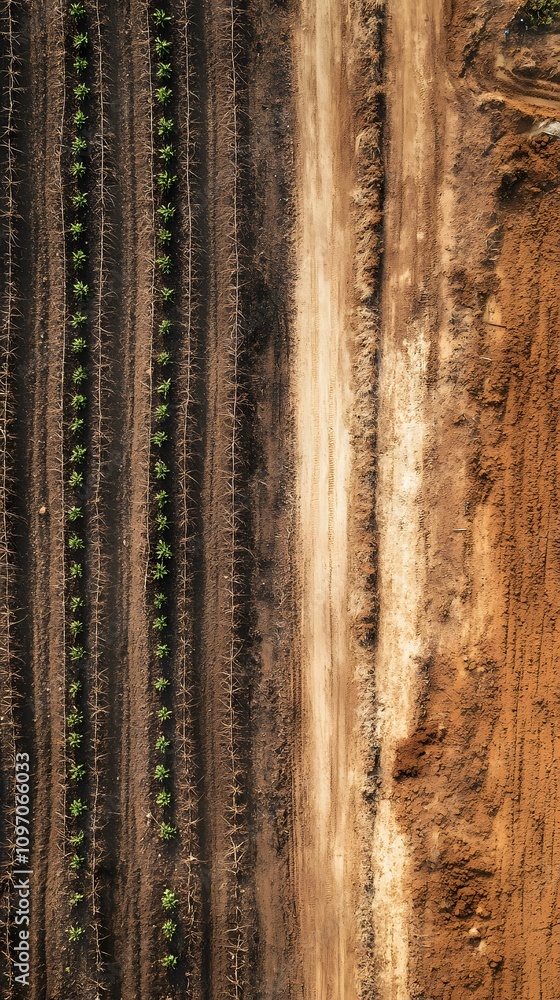 Obraz premium Aerial view of a vineyard with linear rows and earthy tones.