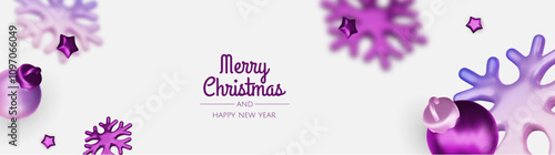 Happy New Year and Merry Christmas. Christmas holiday background with realistic 3d objects, violet and white bauble balls, conical metal stars, gift. Levitation falling design composition.