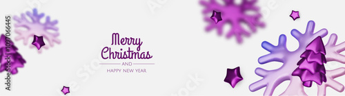 Happy New Year and Merry Christmas. Christmas holiday background with realistic 3d objects, violet and white bauble balls, conical metal stars, gift. Levitation falling design composition.
