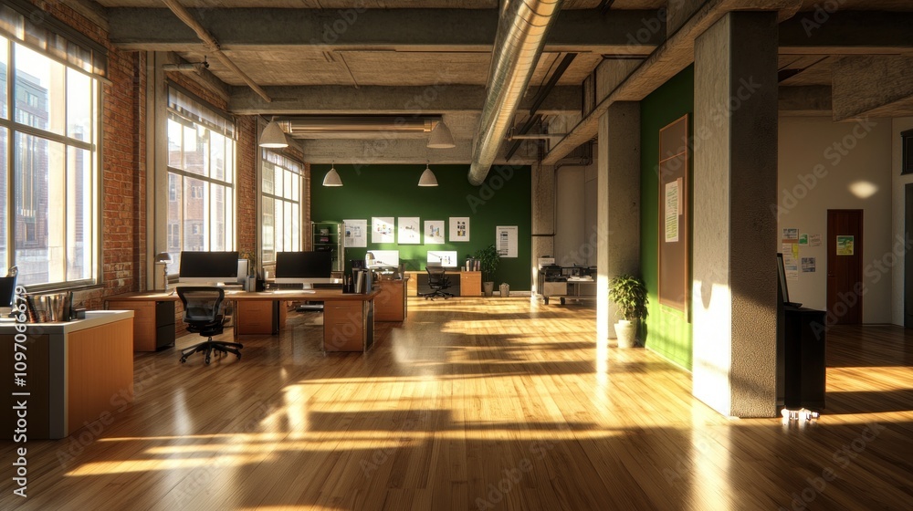 Modern office space with large windows, wooden floors, and a green accent wall. Modern office space with large windows, wooden floors, and a green accent wall.