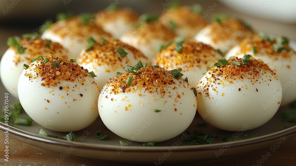 Spicy deviled eggs topped with seasoning and chives on a plate Spicy deviled eggs topped with seasoning and chives on a plate