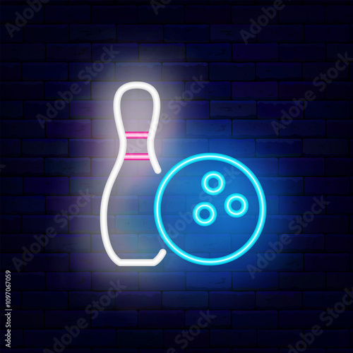 Bowling club. Ball and pin neon icon. Strike winning. Sport tournament sign. Vector stock illustration