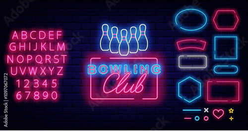Bowling club neon label with pins. Strike winning. Sport tournament sign. Vector stock illustration