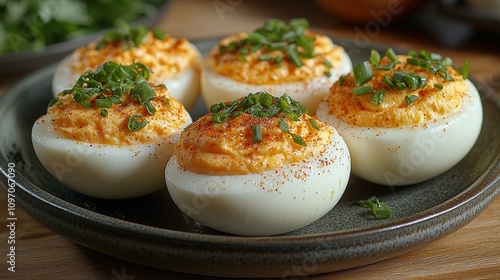 Gourmet deviled eggs garnished with chives and paprika on a rustic plate