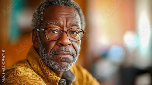 Serious elderly man in a cozy indoor setting with warm lighting. Mature professional, wisdom and experience, thoughtful expression, workplace diversity.