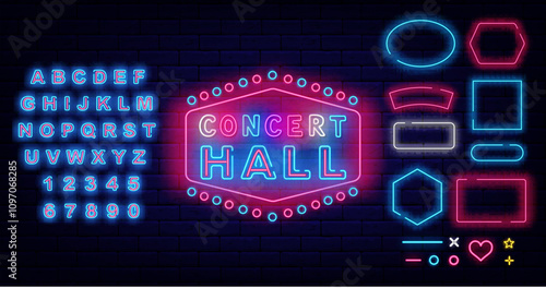Concert hall neon emblem. Music talent performance. Colorful text. Geometric frames set. Vector stock illustration