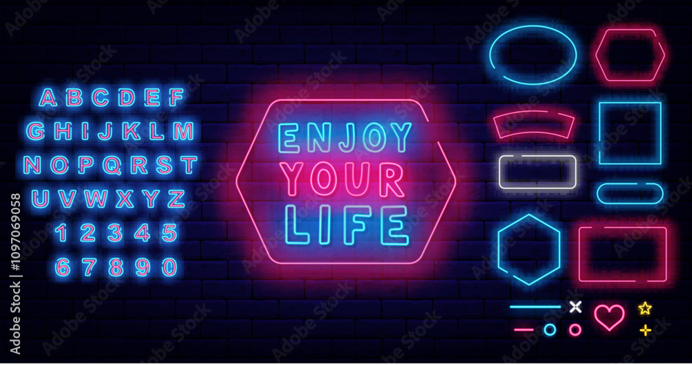 Enjoy your life neon quote. Motivational emblem. Shiny blue alphabet. Vector stock illustration Enjoy your life neon quote. Motivational emblem. Shiny blue alphabet. Vector stock illustration