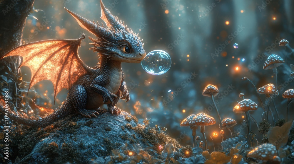 A whimsical dragon blowing a bubble in a magical forest setting.