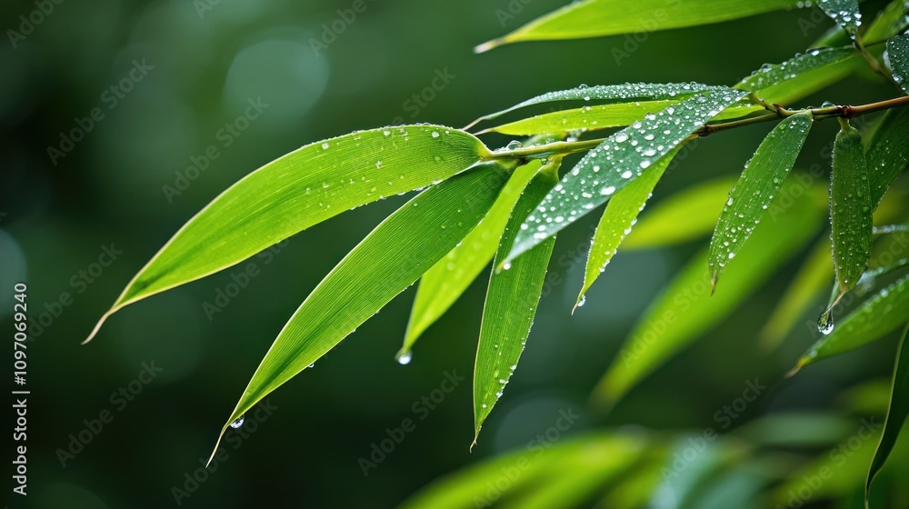 Close-up of bamboo leaves with droplets, showcasing nature's beauty and freshness. Close-up of bamboo leaves with droplets, showcasing nature's beauty and freshness.
