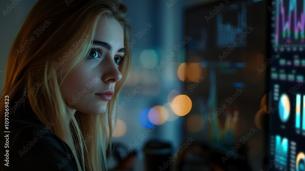 girl analyzing graphs on the screen of her office PC and in the blurred background you can see the other departments and offices of the company girl analyzing graphs on the screen of her office PC and in the blurred background you can see the other departments and offices of the company