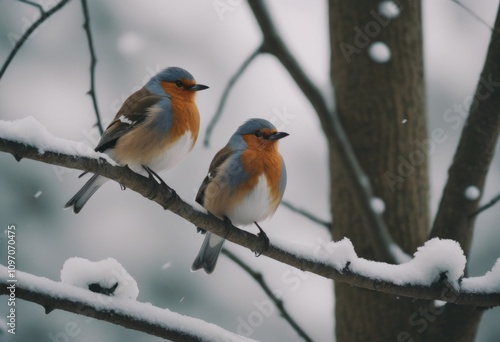 Two robin birds sitting on a branch covered with snow in winter. AI generated photo