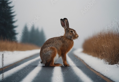 AI generated rabbit on the road in winter. Animal in the nature. photo