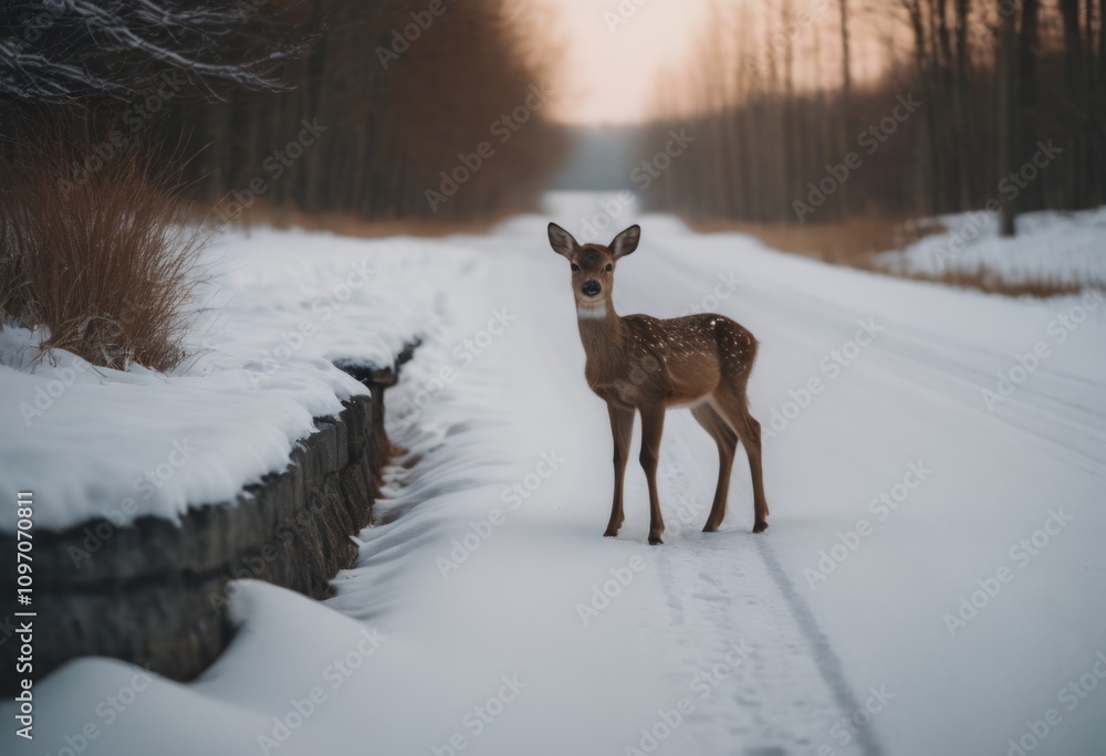 Fallow deer doe in the winter forest on a snowy road. AI generated Fallow deer doe in the winter forest on a snowy road. AI generated