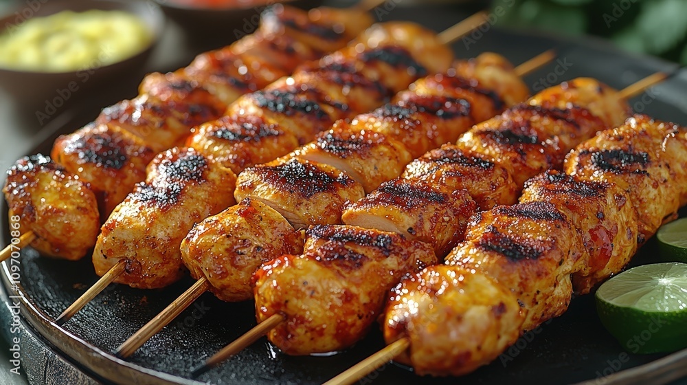 Succulent grilled chicken skewers with lime and seasoning on a black plate Succulent grilled chicken skewers with lime and seasoning on a black plate