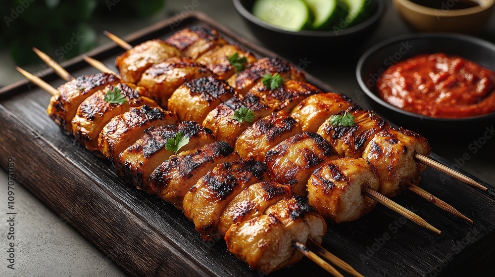 Grilled chicken skewers with spicy sauce and fresh cucumbers on a wooden platter Grilled chicken skewers with spicy sauce and fresh cucumbers on a wooden platter