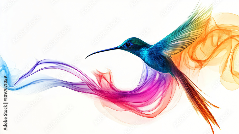Obraz premium Colorful iridescent hummingbird in flight against abstract swirling smoke trails on a white backdrop