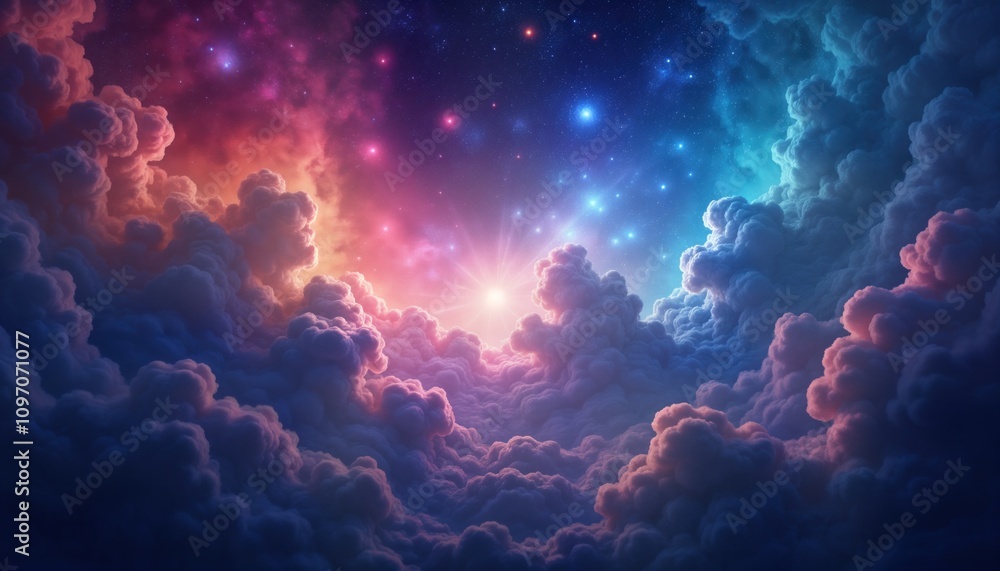 Bright nebula shines above colorful clouds. Stars glow in cosmic sky. Universe scene. Fantasy art. Astral wallpaper. Space background. Galaxy image. Heaven. Magic. Mystery.