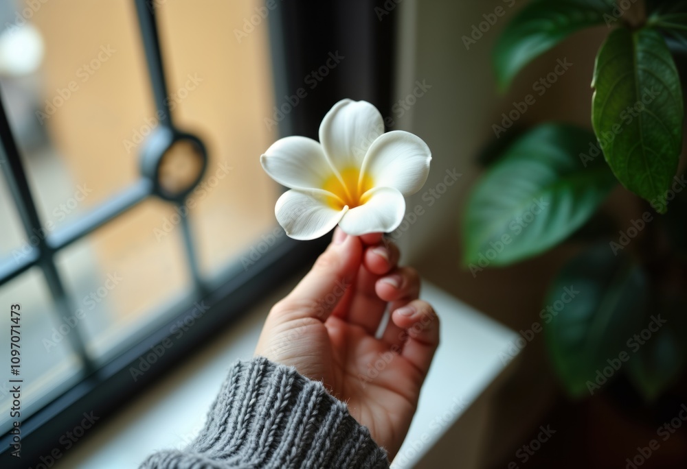 Woman hand holds single white plumeria flower. Person near window in grey sweater. Closeup of delicate bloom. Simple floral image. Home interior scene. Peaceful mood. Woman hand holds single white plumeria flower. Person near window in grey sweater. Closeup of delicate bloom. Simple floral image. Home interior scene. Peaceful mood.