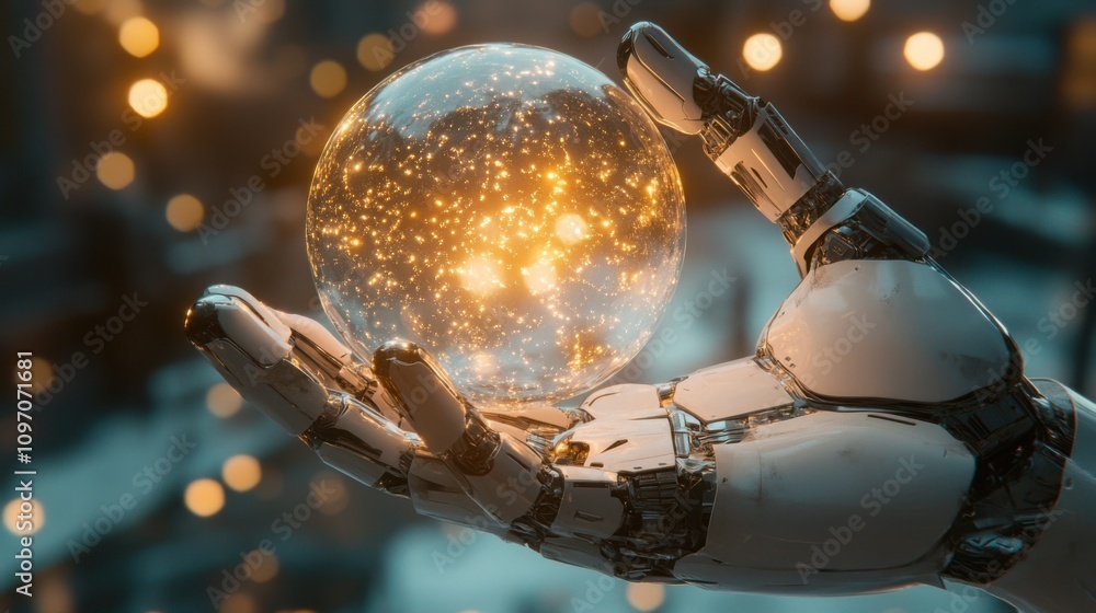 Futuristic robot holding glowing orb Futuristic robot holding glowing orb