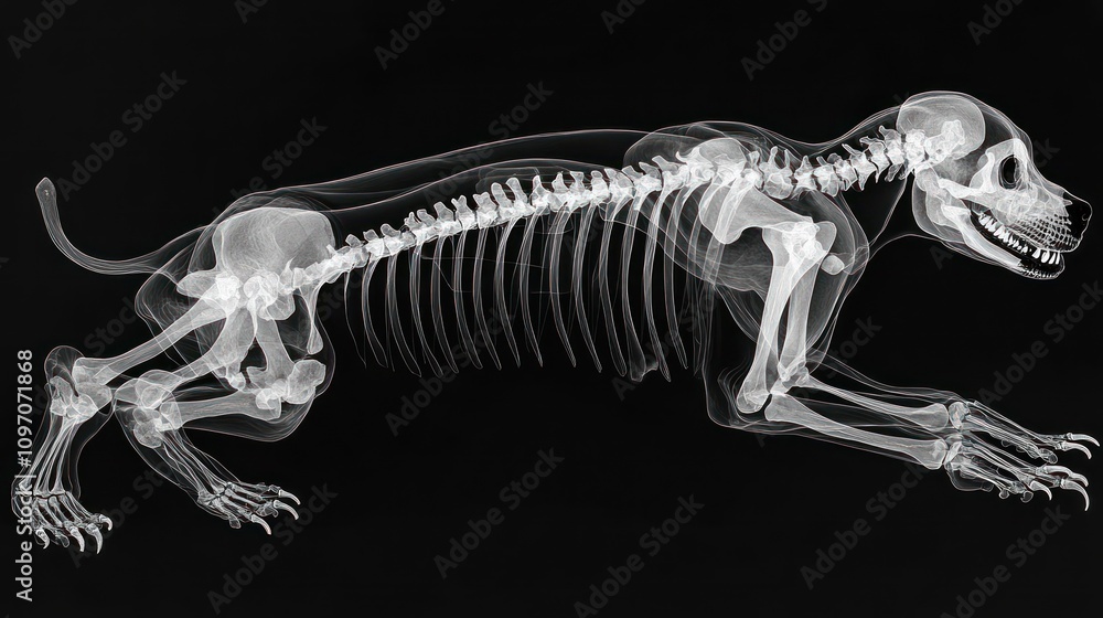 X-ray image of a running dog, showcasing its skeletal structure and anatomy. X-ray image of a running dog, showcasing its skeletal structure and anatomy.
