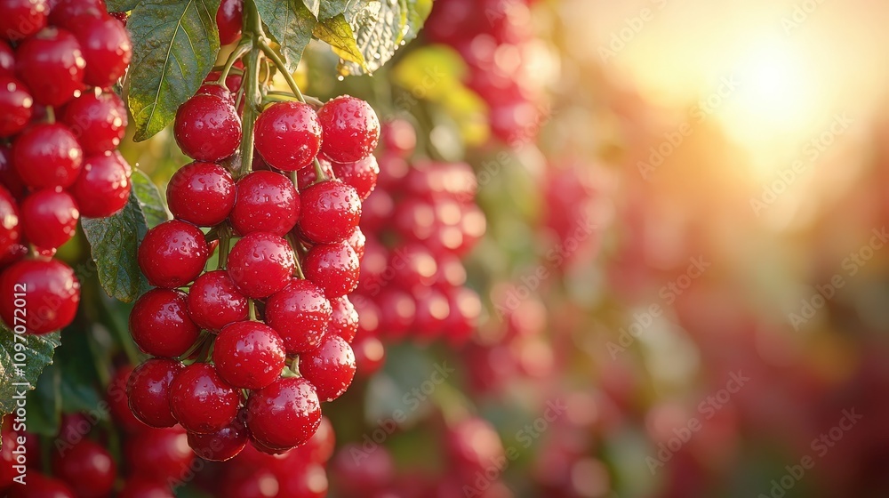 Sunlit red cherries with dew drops on lush green leaves in morning light Sunlit red cherries with dew drops on lush green leaves in morning light
