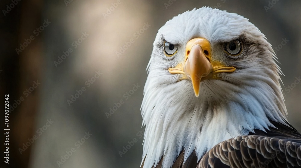 Close-up portrait of a majestic bald eagle, its piercing gaze and striking features highlighted against a blurred background. The eagle's intense stare and sharp beak command attention. Close-up portrait of a majestic bald eagle, its piercing gaze and striking features highlighted against a blurred background. The eagle's intense stare and sharp beak command attention.