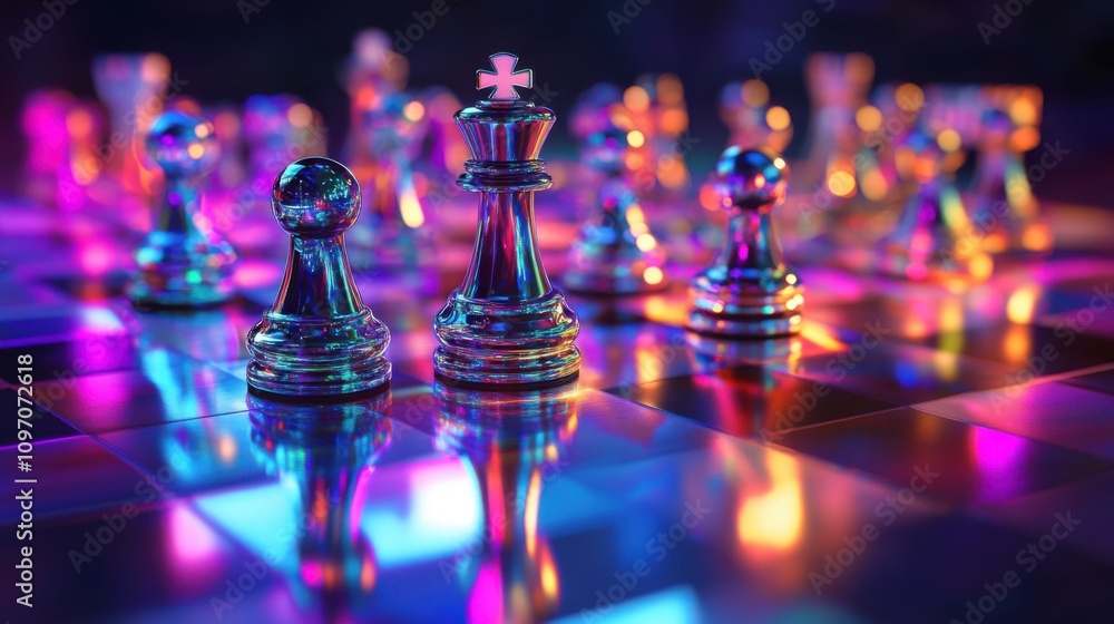 Illuminated chess pieces on a board Illuminated chess pieces on a board