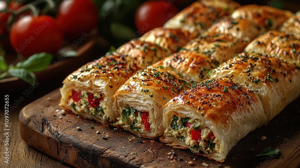 Delicious spinach and feta puff pastry with herbs and peppers on wooden board Delicious spinach and feta puff pastry with herbs and peppers on wooden board