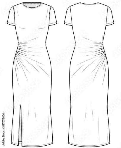 womens short sleeve crew neck midi dress with side slit fashion flat sketch vector illustration fluid jersey dress front and back view technical cad drawing template