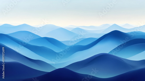 Minimalist abstract landscape with rolling blue hills and overlapping shapes conveys tranquility and depth