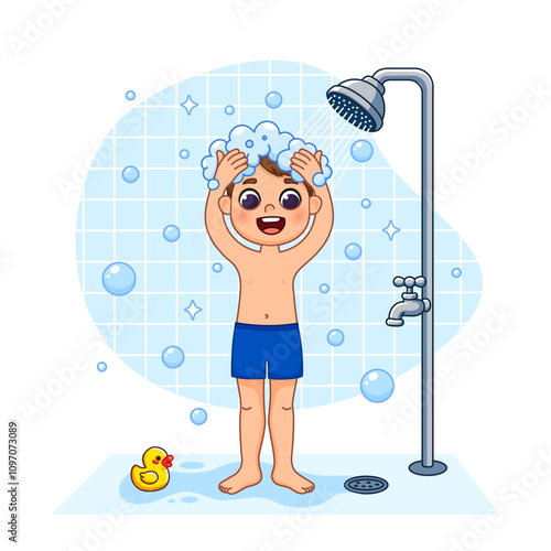 A boy is taking a shower, a duck is swimming nearby. He is washing his hair with shampoo under running water. Cartoon style illustration, isolated.