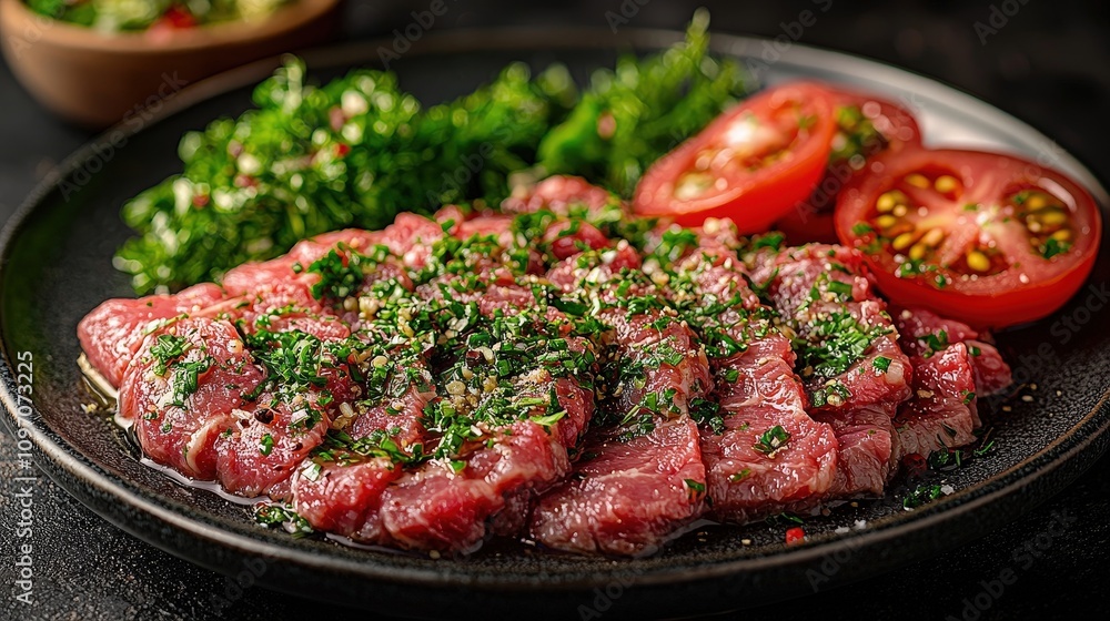 Freshly prepared beef tartare with herbs and tomatoes Freshly prepared beef tartare with herbs and tomatoes