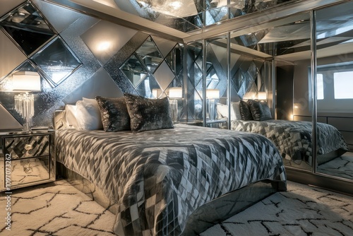 Art Deco inspired bedroom featuring bold geometric patterns, mirrored surfaces, and metallic finishes. photo