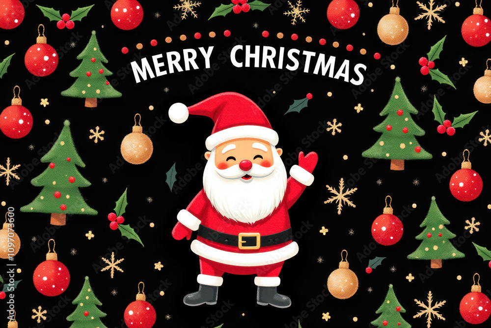 Merry Christmas illustration pattern with Santa, trees, ornaments, and festive designs Merry Christmas illustration pattern with Santa, trees, ornaments, and festive designs
