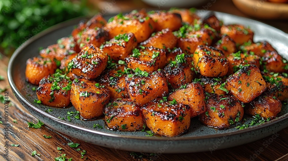 Glazed roasted sweet potatoes with fresh herbs on rustic plate Glazed roasted sweet potatoes with fresh herbs on rustic plate