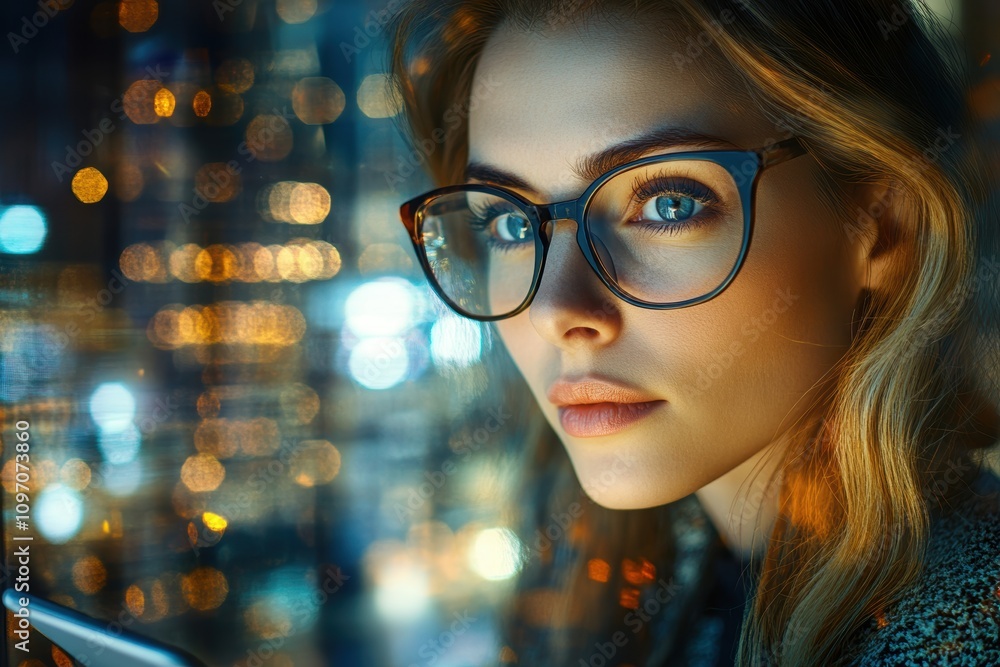 A woman with glasses gazes thoughtfully at a cityscape at night. A woman with glasses gazes thoughtfully at a cityscape at night.