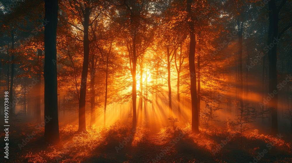Fototapeta premium Sunbeams in the Misty Forest at Dawn