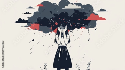 Illustration of a woman overwhelmed by emotional storm and sadness photo