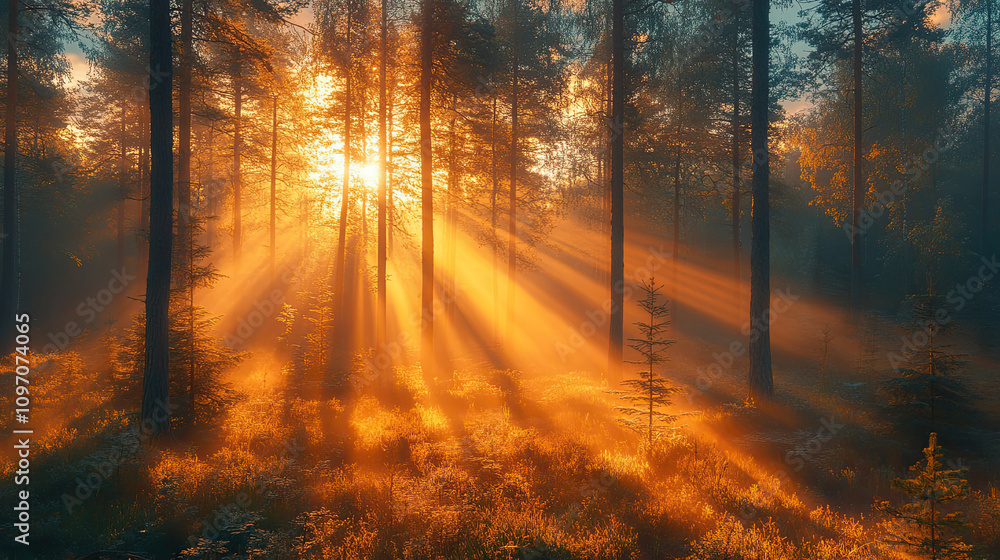 Sunbeams in the Misty Forest at Sunset Sunbeams in the Misty Forest at Sunset