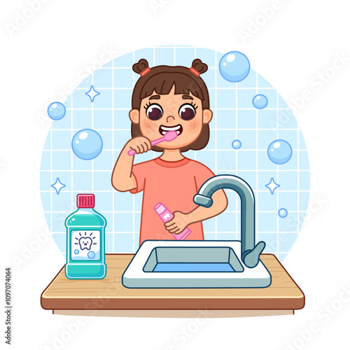 Girl in pajamas brushing teeth with toothbrush and toothpaste, standing near sink with tap. There is mouthwash on table. Cartoon style illustration, isolated.