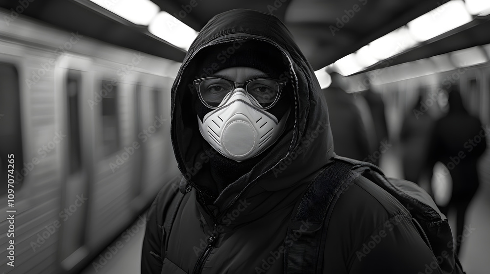 Urban commuter with face mask, metro station ambiance, city life in grayscale, everyday public transport scenes, realistic black and white Urban commuter with face mask, metro station ambiance, city life in grayscale, everyday public transport scenes, realistic black and white
