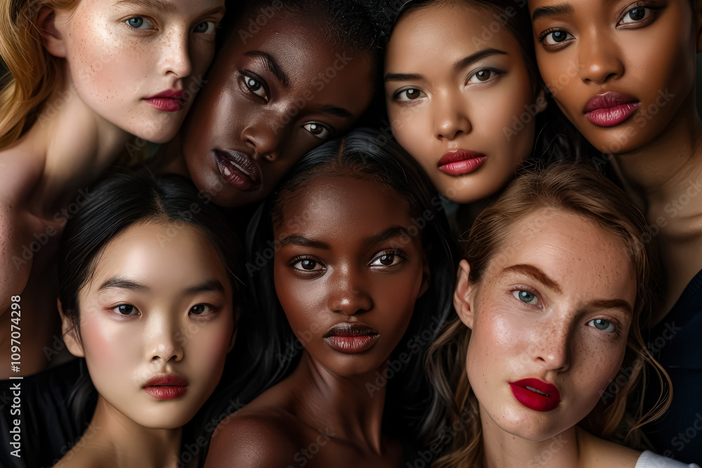 Group of women with different skin tones are posing for a photo. Scene is one of unity and diversity, as the women come together to celebrate their differences and similarities Group of women with different skin tones are posing for a photo. Scene is one of unity and diversity, as the women come together to celebrate their differences and similarities